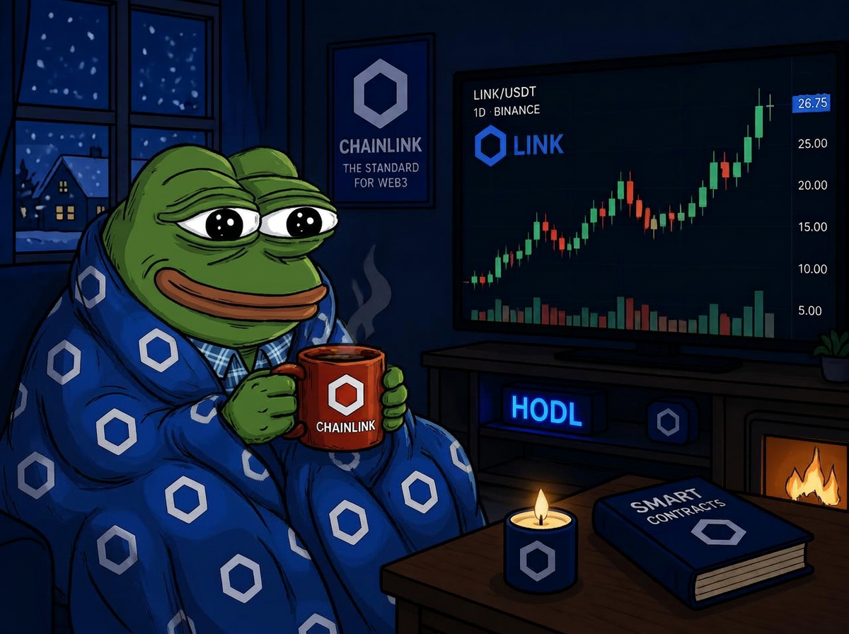 Comfy Pepe frog in plaid pajamas wrapped in a blue LINK blanket